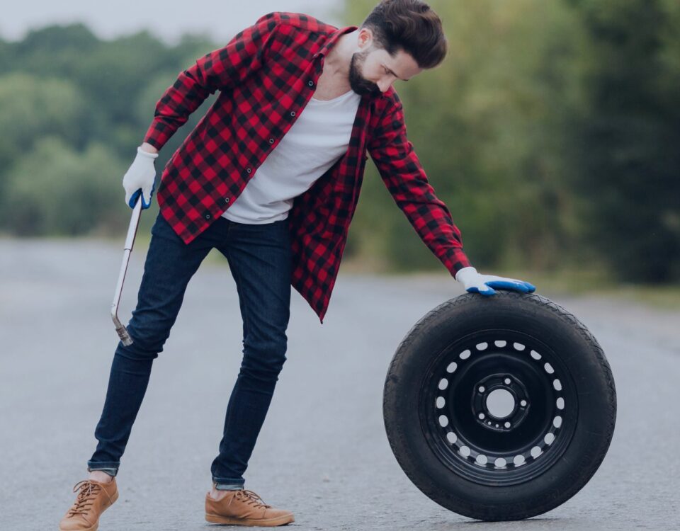 long-shot-man-with-wrench-and-tire-Emergency Mobile Tyre Fitting Services